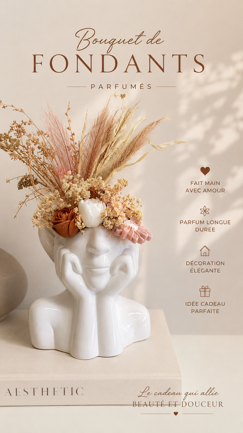 Bouquet de fondants parfumés dans un vase visage blanc avec fleurs séchées